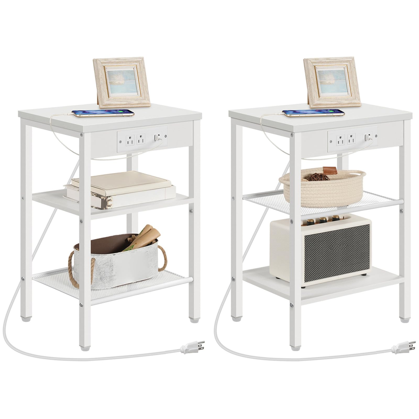 HOOBRO Side Tables Set of 2 with Charging Station and USB Port, Small End Tables for Small Space, 3-Tier Nightstands with Adjustable Shelf, for Living