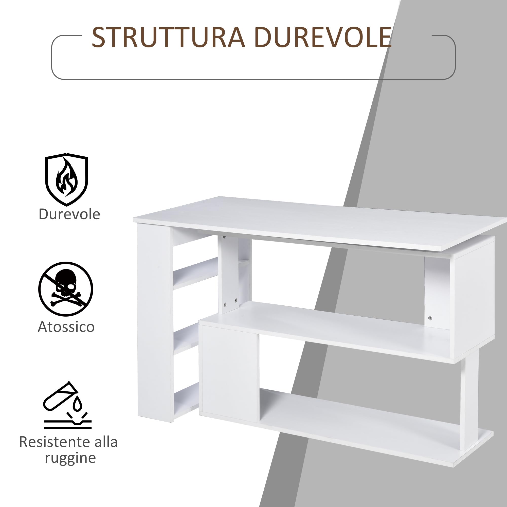 HOMCOM Scrivania Angolare Reversibile con 5 Ripiani Portaoggetti, Scrivania ad Angolo per Computer in Legno, per Ufficio, Soggiorno e Studio, Stile Industriale, 120x110x74.5 cm, Bianco