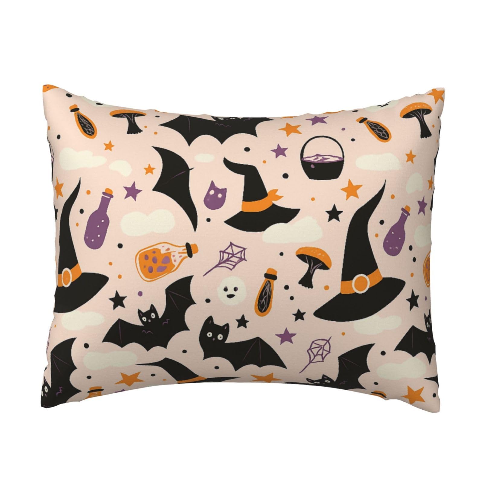 Witch Hat & Bat Halloween Pillowcase Soft Plush with Zipper Decorative Pillowcovers 16x20 in