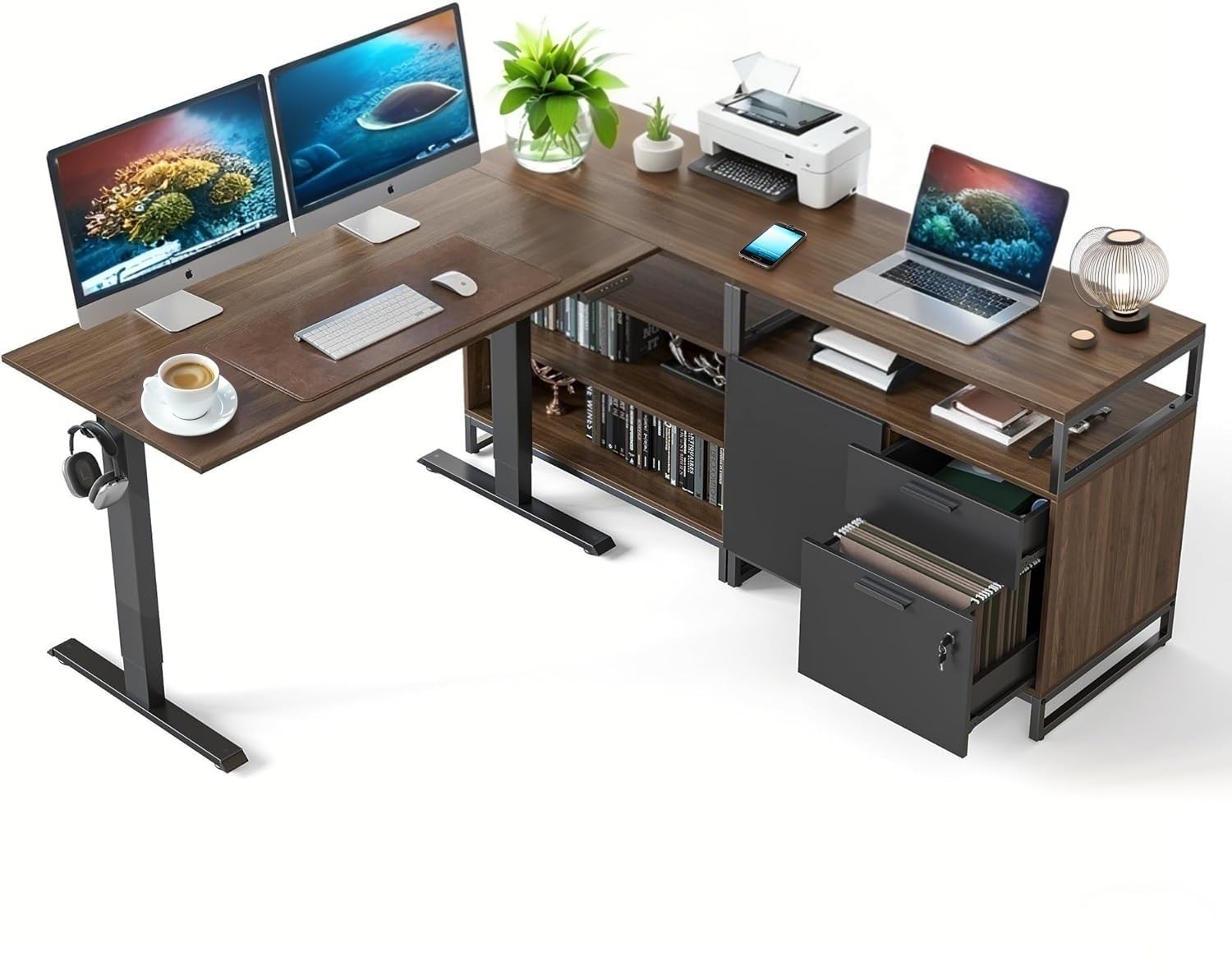 FEZIBO Electric Standing Desk with Drawers and Shelves, Executive Desk Adjustable Height Desk, L-Shaped Design, 66 inch Tabletop, Dark Walnut Top/
