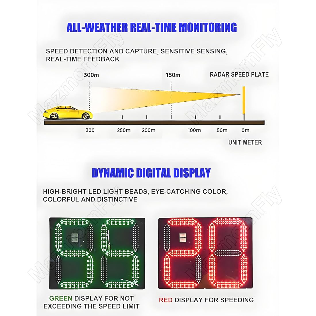 50x70cm/60x90cm Señal Trafico Radar Control Velocidad, Energía Solar LED Intermitente Cartel Control Velocidad Indicador De Velocidad, Kilometraje/Millas Ajustables 20''X27''