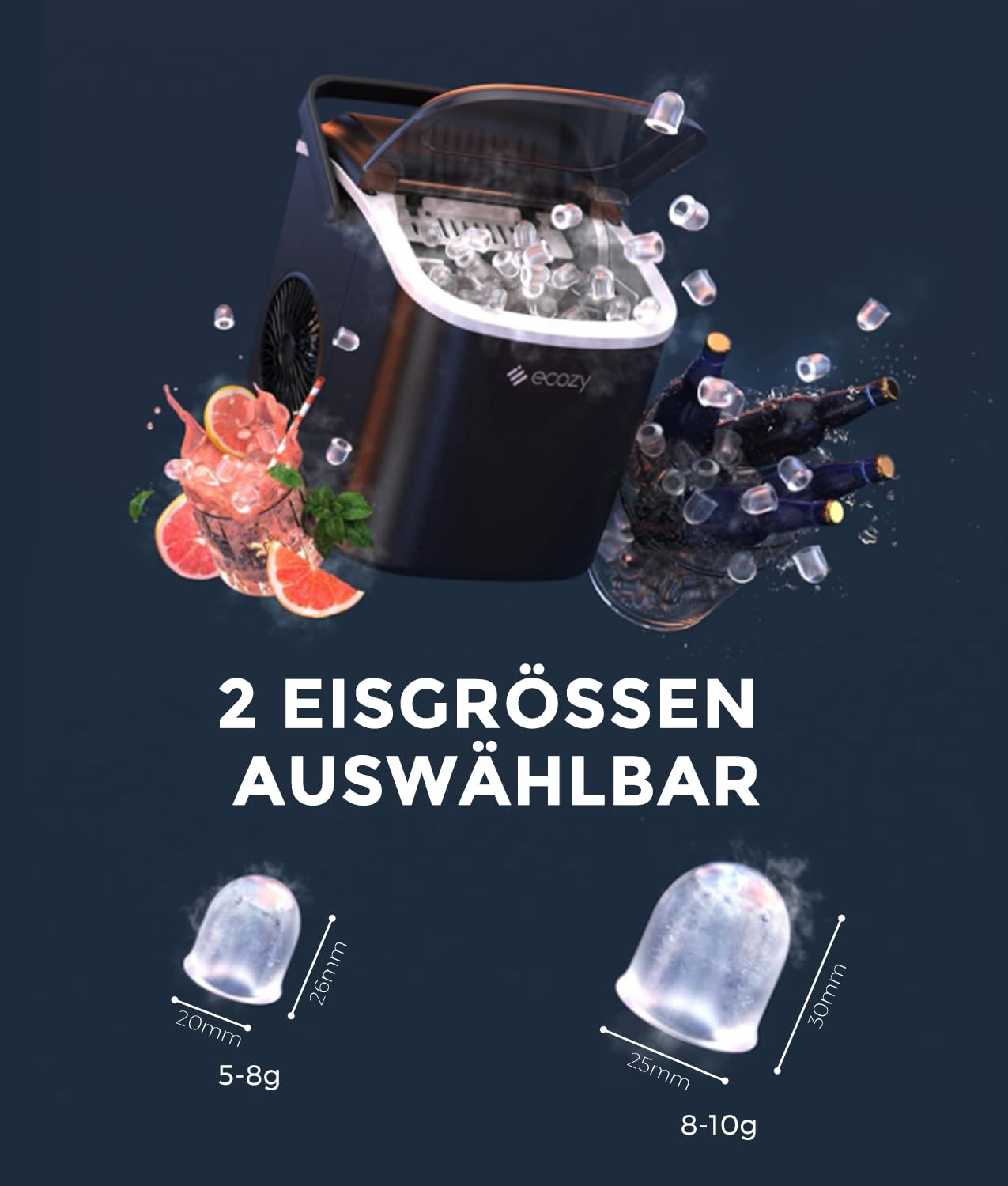 ecozy Eiswürfelmaschine Klein, Selbstreinigende Ice Maker, 2 Eiswürfel Größen, 9 Würfel in 6 Minuten Fertig, 12 KG/24H Schaufel und Korb für Küche, Büro, Bar, Party
