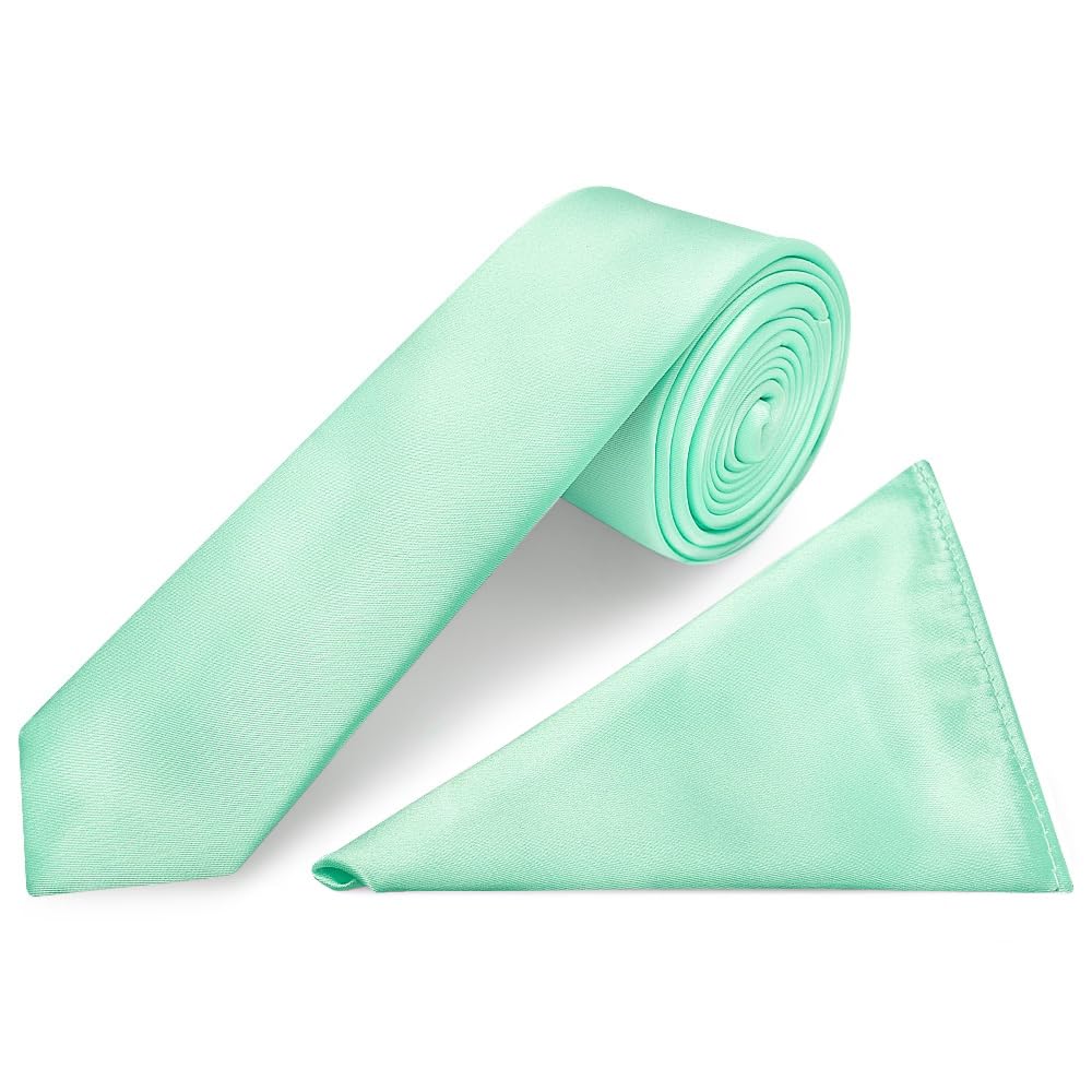 TIES R US Plain Mint Green Satin Skinny Men's Tie and Pocket Square Set