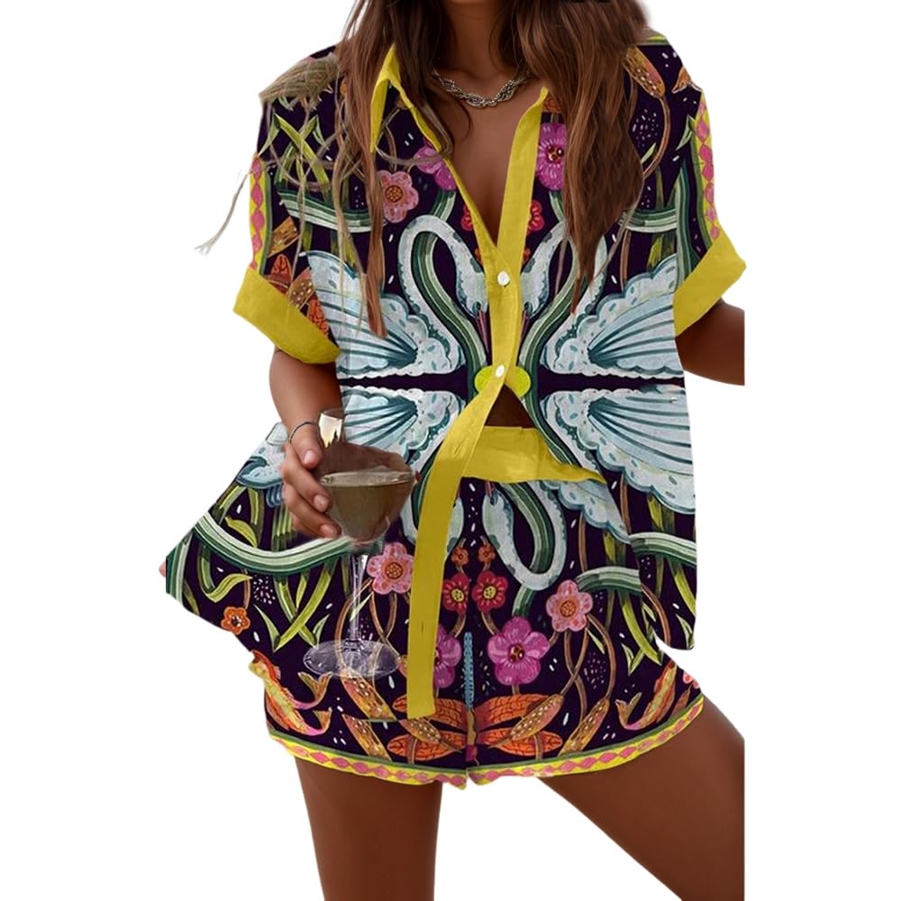 Women's Vacation Beach Two Piece Outfits Casual Floral Button Down Shirt Tops and Drawstring Shorts Summer Suit Sets