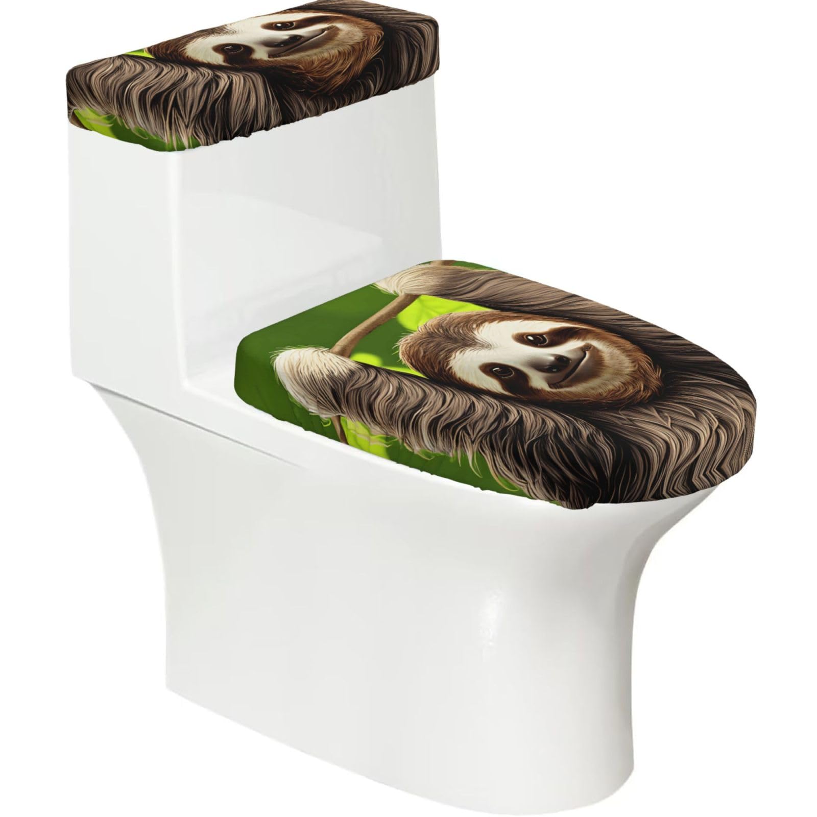 Cute Sloth Elastic Toilet Cover Set of 2-Stretchy Lid and Tank Covers for Bathroom, Soft Washable U Shape Toilet Decor