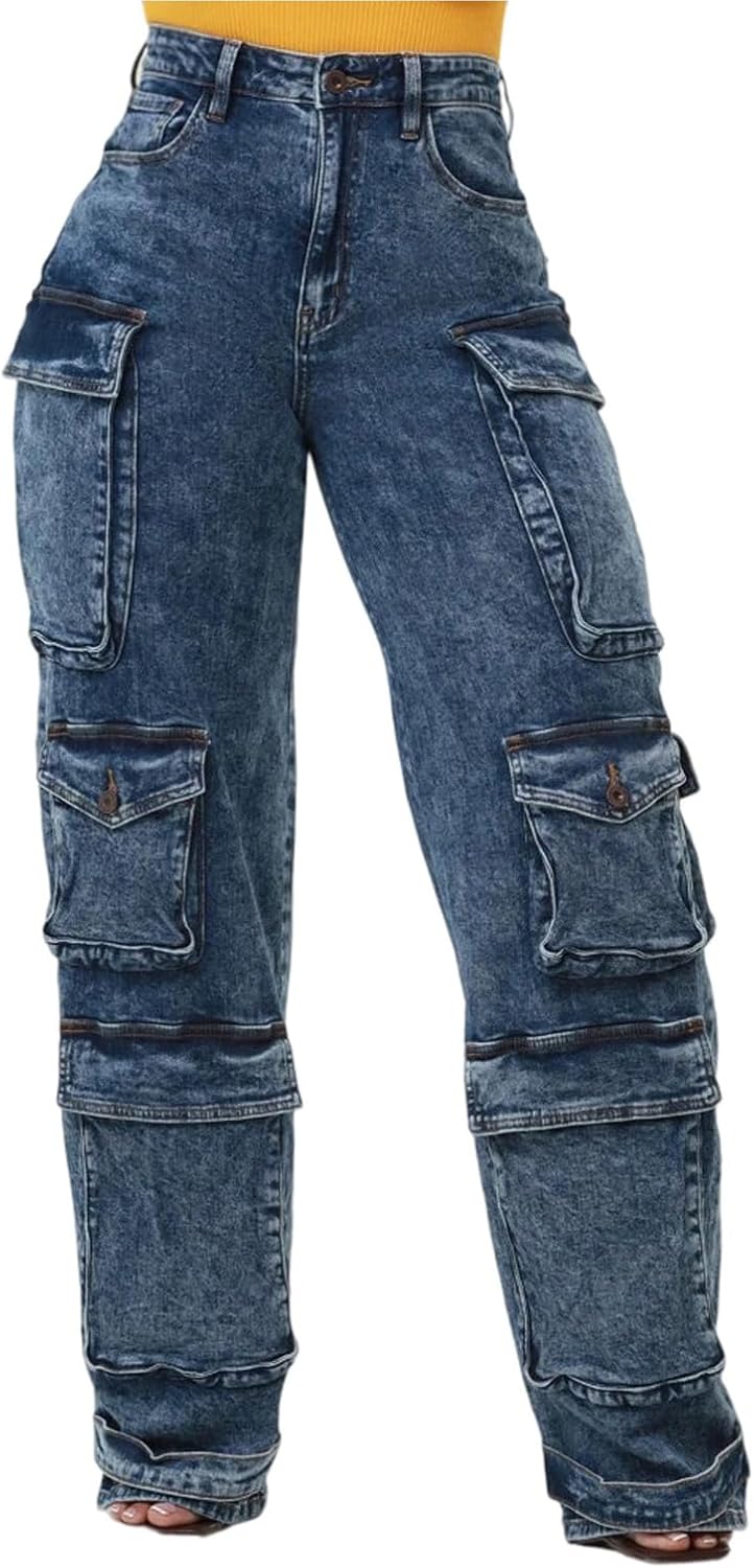 Women's Wide Leg Jeans High Waisted Cargo Pocket Baggy Stretchy Casual Denim Pants
