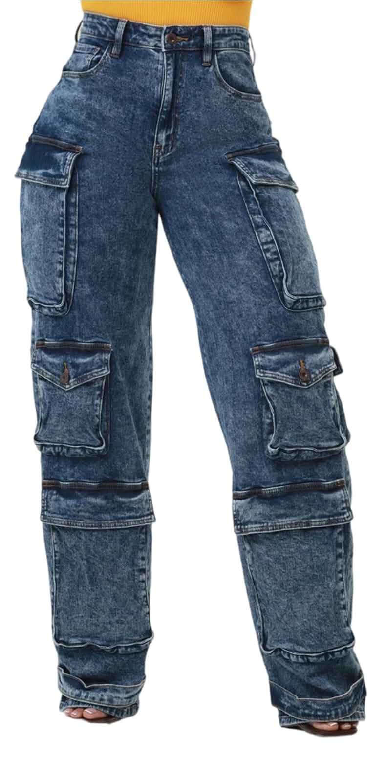 Women's Wide Leg Jeans High Waisted Cargo Pocket Baggy Stretchy Casual Denim Pants Cargo