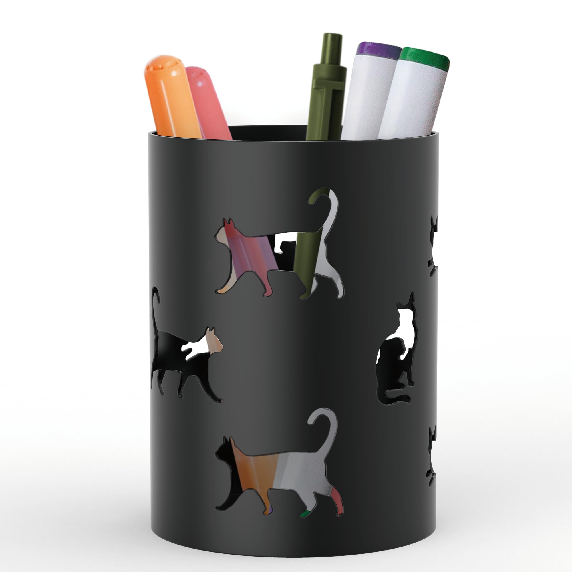 Mango Steam Metal Pen Holder, Makeup Brush Cup Organizer for Office, Bathroom, Vanity (Black, Cat)