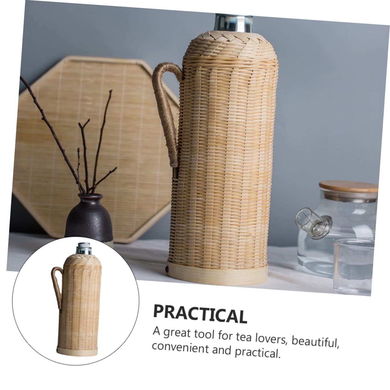 Ciieeo Botella Térmica de Bambú Tejida a Mano, 2l, Vidrio | Estilo Retro, Acabado Fino y Práctico, Uso en Casa u Oficina, Ideal para Aficionados al Té