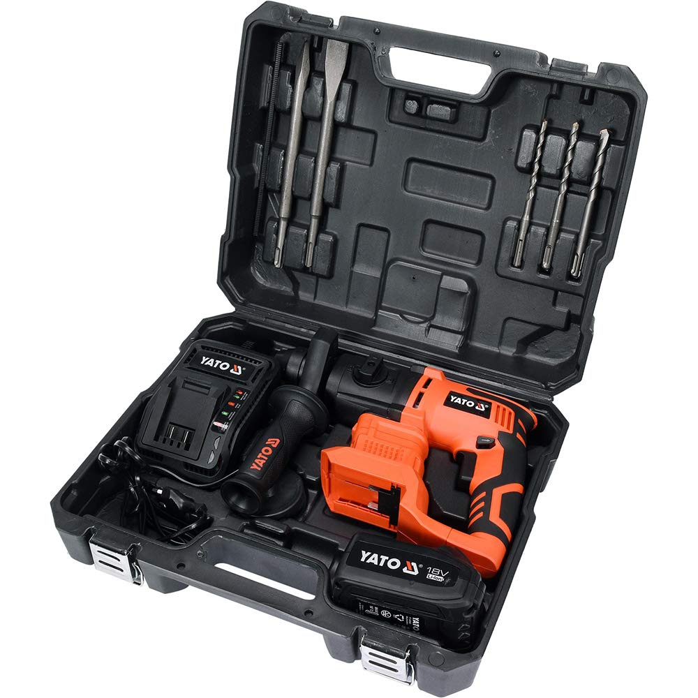 YATO Martello perforatore professionale a batteria, 18 V, 2,0 Joule, SDS-Plus, batteria agli ioni di litio da 3,0 Ah, valigetta per il trasporto, batteria e caricatore rapido, trapano a percussione