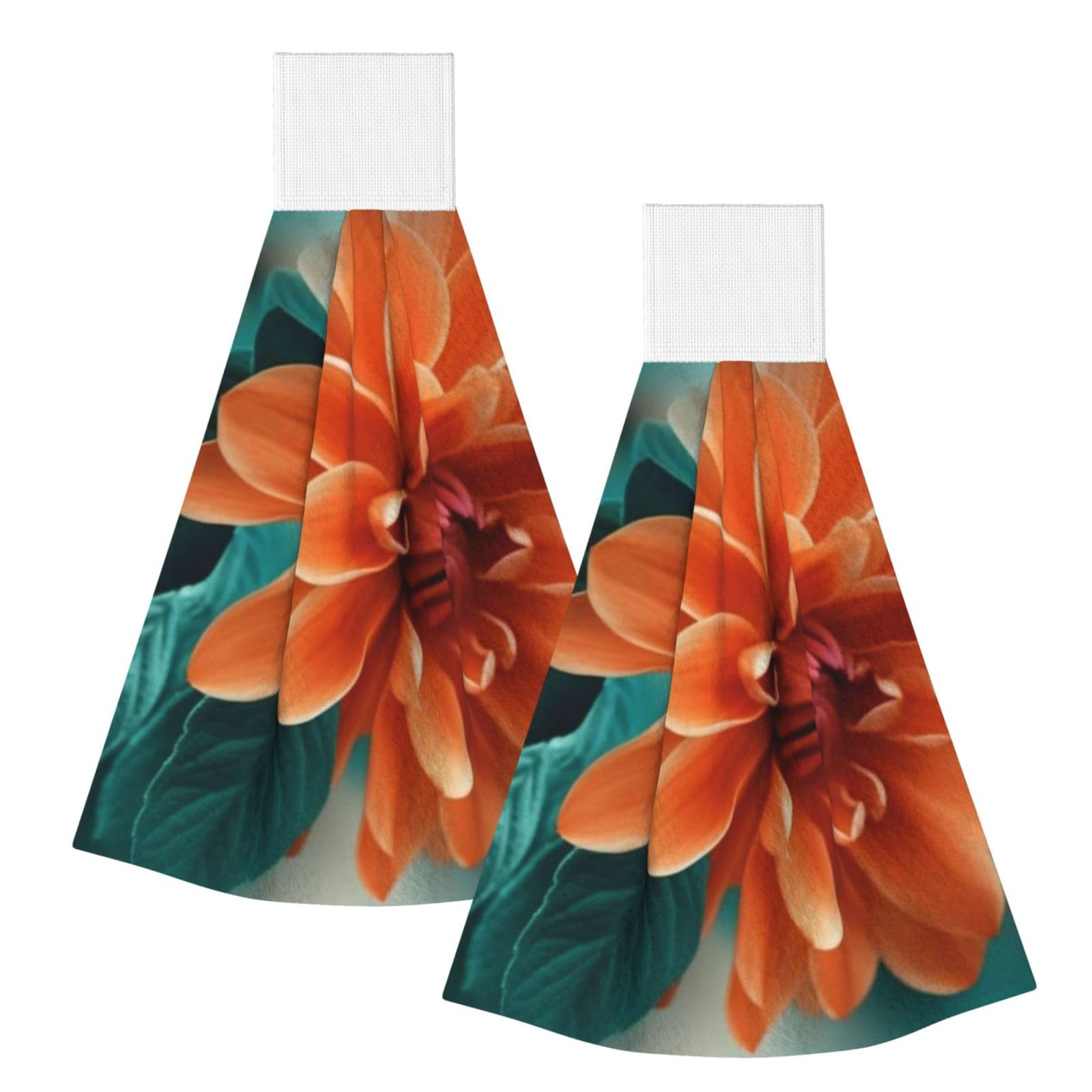 DOPKLNA Teal And Orange Flower, 2 Pcs Hanging Coral Fiber Hand Towels for Bathroom, Absorbent Kitchen Towels