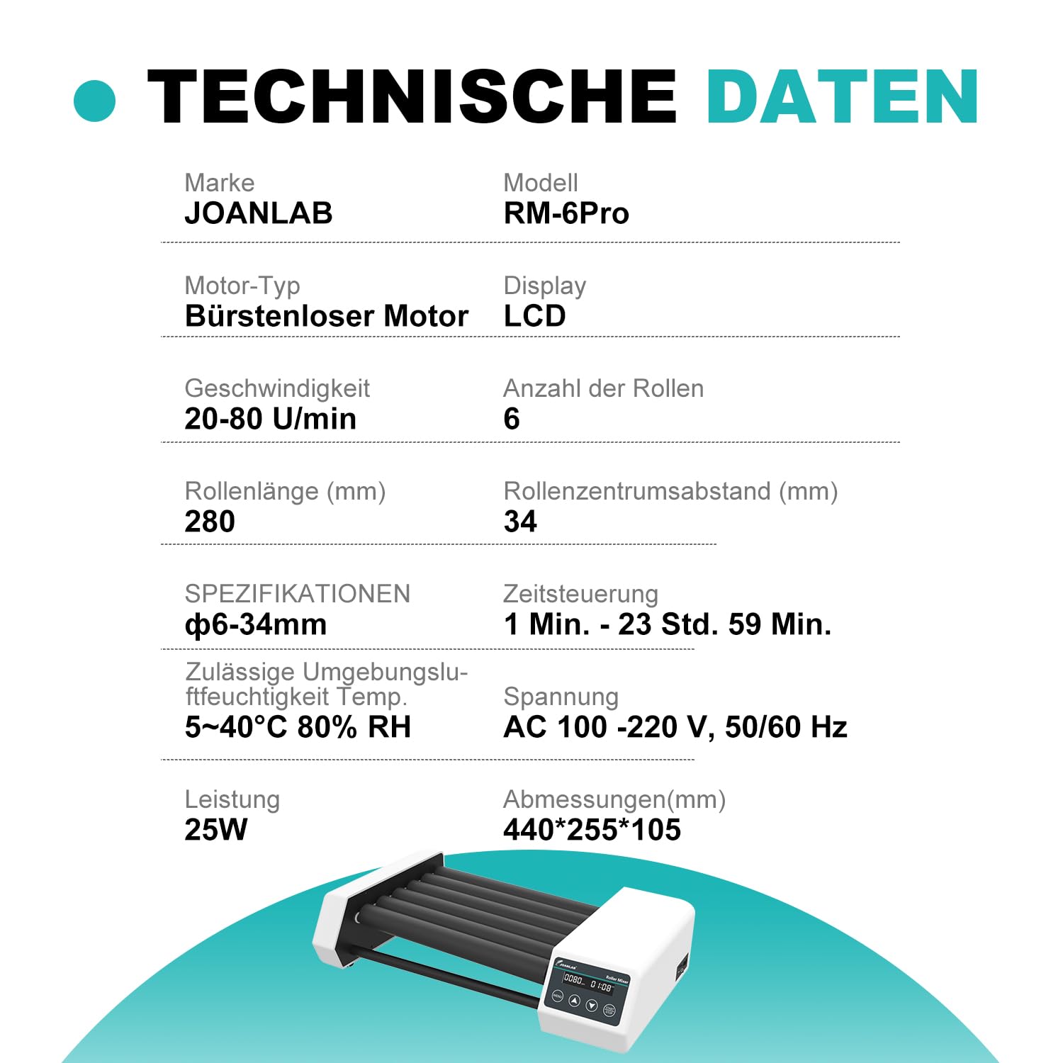JOANLAB Digitaler Röhren-Rollermixer Labor, 6-Achsen, 20-80 U/min Regelbar mit Timer, für Zentrifugenröhren 6-34mm Durchmesser (RM-6PRO)