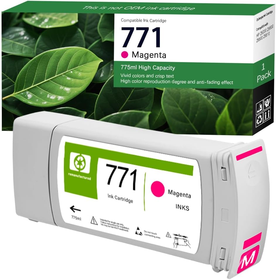771 771A Ink Magenta Pigment Cartridge (B6Y17A CE039A) Replacement for HP 771A Work with HP DesignJet Z6200 Z6600 Z6800 Z6810 Printer 775ml, 1-Pack