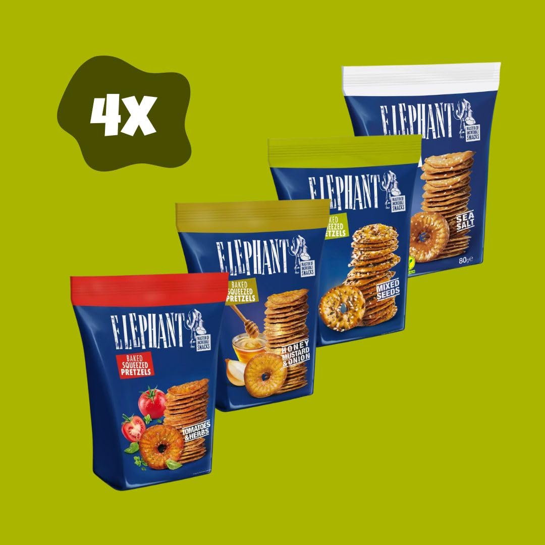 Elephant Juego de 4 degustación mezcla de aperitivos – El sabor se une a la originalidad "Elephant Baked Squeezed Pretzels", variedad de aperitivos Deluxe 300 g Knuspermix para noches de televisión