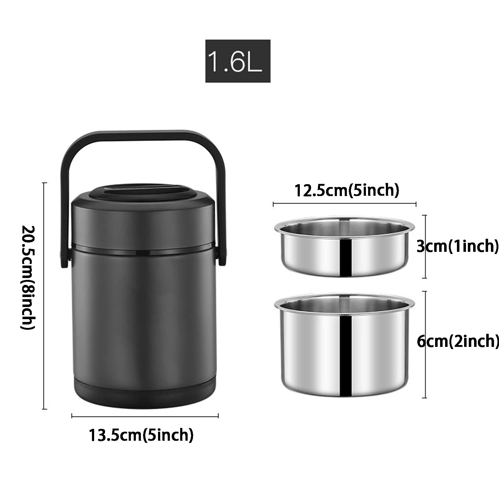 Térmicas Cajas bento,Fiambrera térmica de Acero Inoxidable de 3 Capas,Recipiente de Comida térmico a Prueba de Fugas, Lonchera con Aislamiento,para Escuela Oficina Picnic,Plata,1.6L