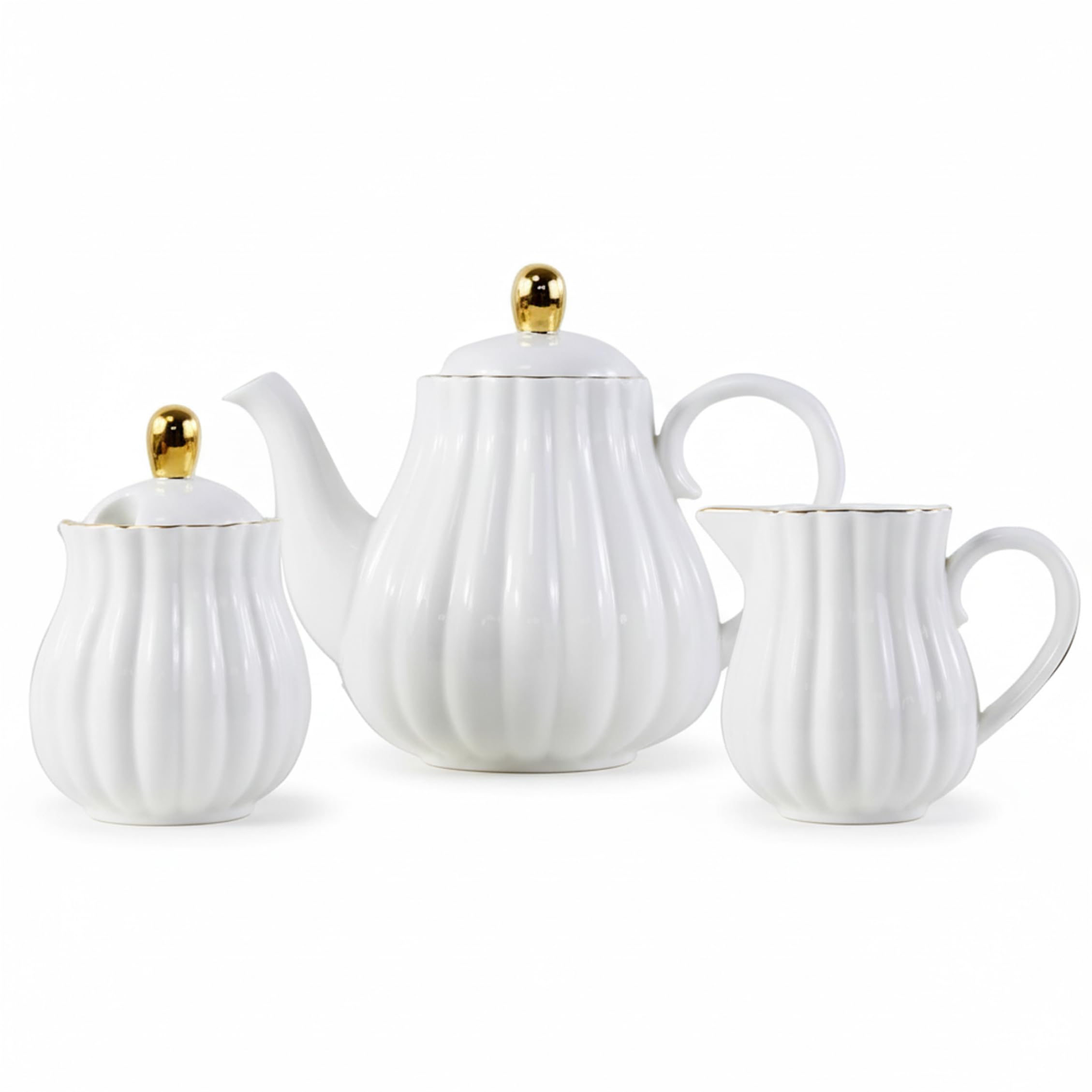 Wilafury Sugar Bowl, White Ceramic Teapot Set, Teapot with Built-In Metal Filter Sugar Bowl Milk Jug with Gold Motif