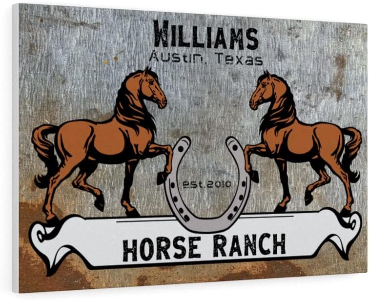 Personalized Rustic Horse Ranch Farmhouse Outdoor Family Wall Art Canvas Decor Gift, Rustic Horses Shoe Farmhouse Family Name Canvas Premium Gallery Wraps (1.25"), 30" × 20"