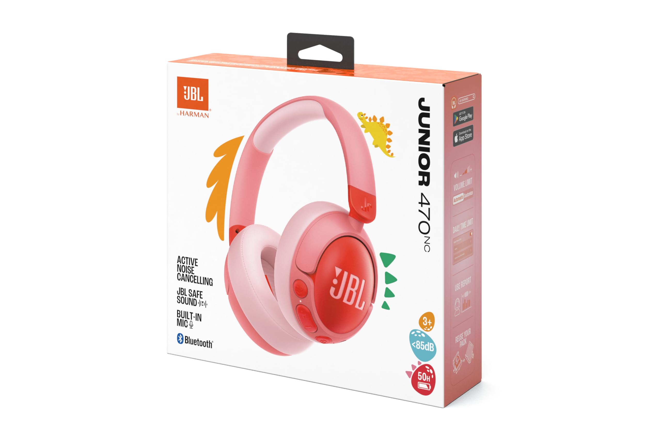 JBL Junior 470 NC, Casque Supra-auriculaire sans Fil Bluetooth pour Enfants, Réduction Active du Bruit, Micro intégré, 50 h d'autonomie, JBL Safe Sound, limiteur de Volume, Set d'autocollants, Rose