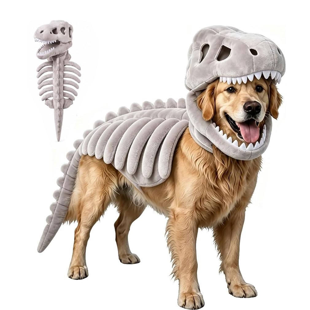 Dog Cat Pet Dinosaur Skeleton Costume, Pet Dinosaur Costume, Soft Plush T-Rex Skeleton Halloween Costume, 3D Cozy Dinosaur Skeleton Pet Costume, Funny Dog Dinosaur Costumes for Halloween，Gray：90CM