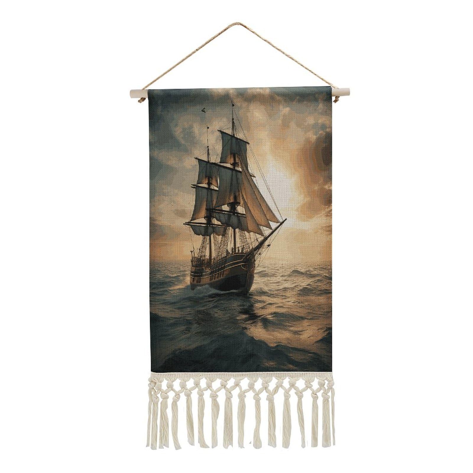 Adfgyerh Style Ship Sailing Alone Tapestry With Tassels Cotton And Linen Hanging Posters, Wall Art For Travel Gift, Wall Tapestry For Office Home Decor Bedroom Living Room Decor