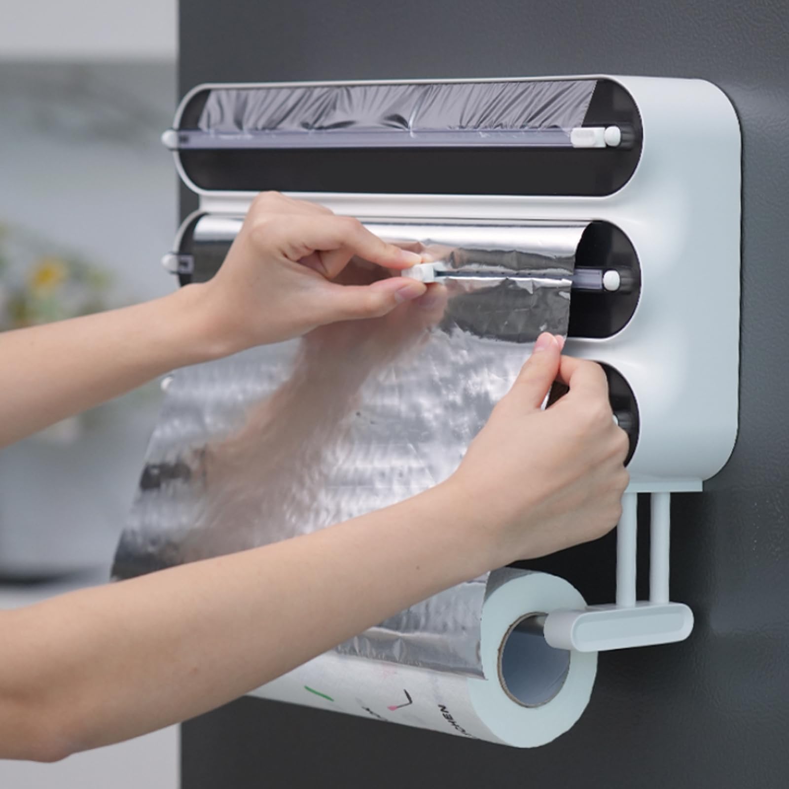 Dozownik z folii spożywczej 4 w 1, dozownik do żywności z drzwiami kuchennymi, magnetyczny dozownik folii spożywczej, dozownik z folii aluminiowej i folii, instalacja bez wiercenia