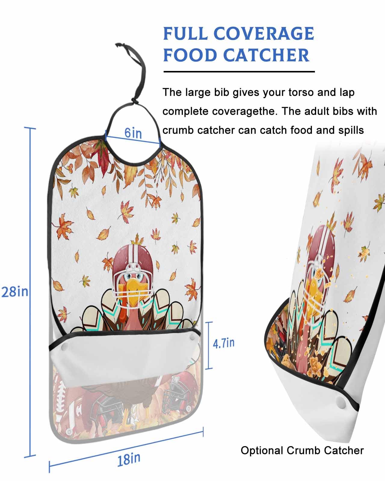 Thanksgiving Turkey Rugby Adult Bib for Adults Men, Women, Autumn Maple Leaf Orange Brown Washable & Adjustable Terry Cloth Bib with Crumb Catcher Reusable Waterproof Clothing Clothes Protector Apron