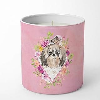 Caroline's Treasures CK4212CDL Shih Tzu Pink Flowers 10 oz Decorative Soy Candle Nature Soy Wax Essential Oil Home Decor Ideal for Bedroom Kitchen Bath Office Gift, 10 oz
