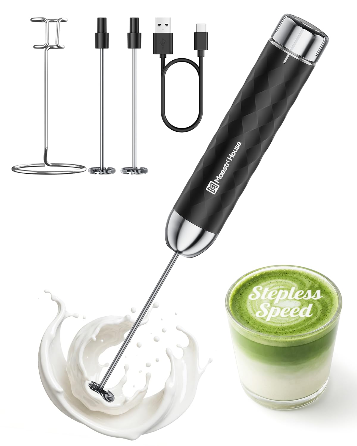 Maestri House Milk Frother with Stepless Speed ββControl, Rechargeable Frother with Detachable Whisks and Stainless Steel Stand, Drink Mixer for Matcha, Latte, Cappuccino, LunaFro 2.0
