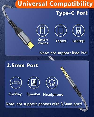 Miniatura 6 de Cable USB C a conector auxiliar de audio de 0.138 in tipo C a macho, adaptador Dongle, cable de audio estéreo para automóvil, auriculares, altavoces