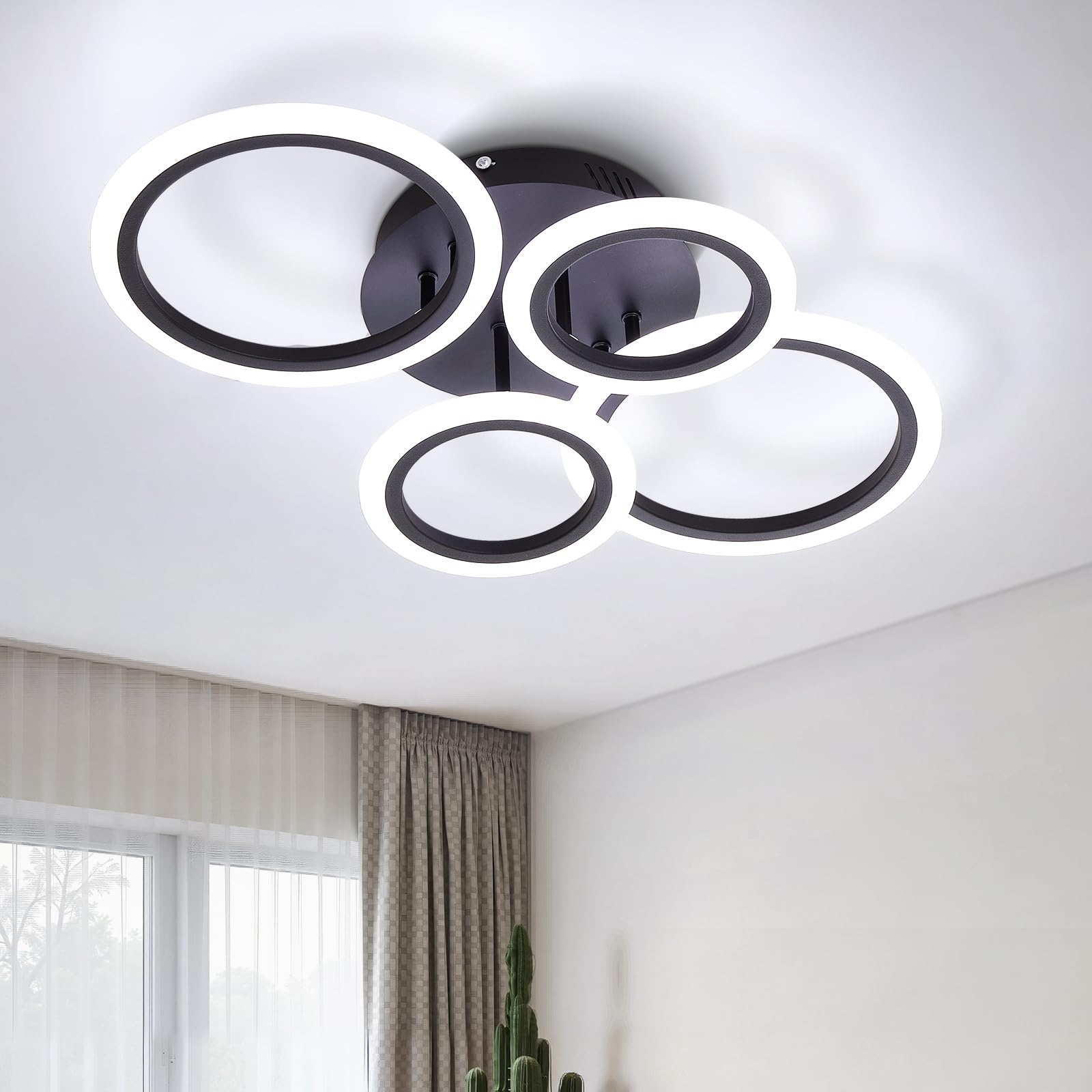 Warmiehomy LED Ceiling Light,Round Modern Ceiling Lamp,42W Cool White Light 6500K,4 Lights Flush Mount Ceiling Lighting for Living Room(Black,60x40x11CM)