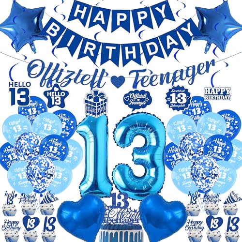 13. Geburtstag Junge Deko Ballons - 47 StüCk Blau Offiziell Teenager Happy Birthday Banner Girlande Zahl Ballons Hanging Streamer Tortendeko Für 13 Jahr Geburtstagsparty Dekoration