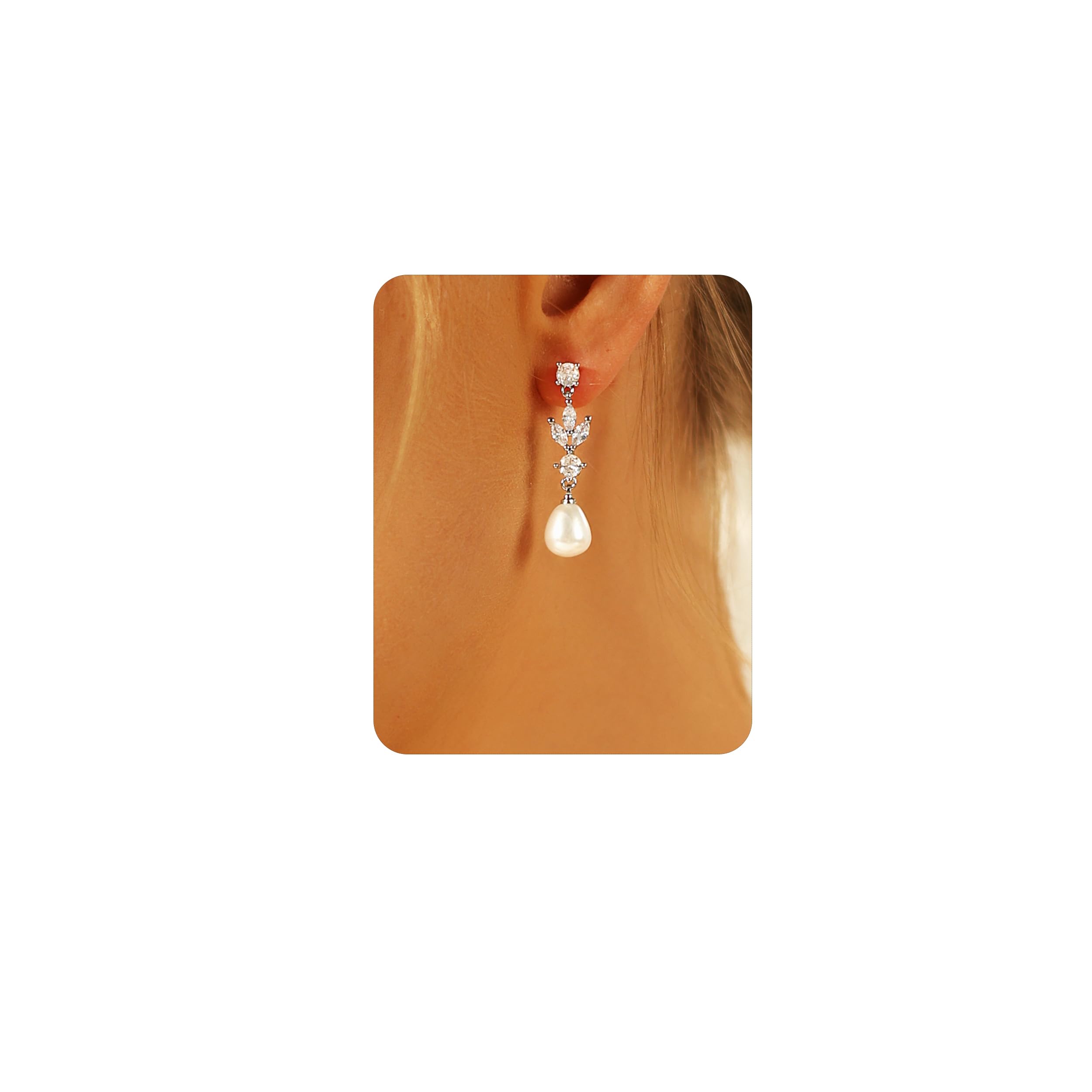 Pearl Earrings for Women-14K Gold Plated Dainty Drop Simple Wedding Dangle Dangling Cute Stud Earrings for Brides Long Wedding Earring Formal Jewelry