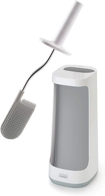 Joseph Joseph Flex Plus - Smart Hygienic Silicone Toilet Brush with Storage Bay Caddy, flexible, anti-drip, anti-clog deep clean head - White/Grey, Large