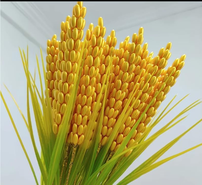 8 Pcs Artificial Yellow Rice Spike, Handmade Wheat Stems, Faux Rice Ears for Home Decor, Living Room Table Centerpiece Decor (No Vase Included)