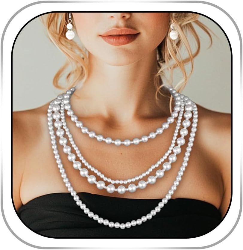 Gangel Pearl Necklace Earring Set Layered Faux Pearl Necklaces Vintage Bridal Jewelry Multi Strand Pearls Necklace for Women