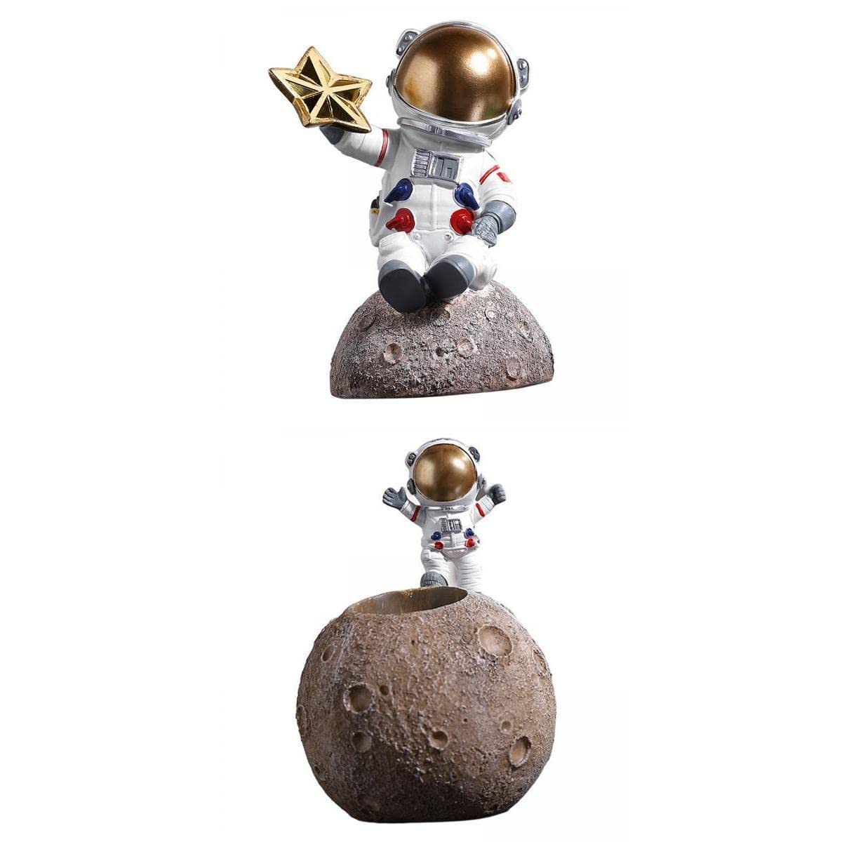 2 figuras de astronauta de resina con escultura de luna, decoración de oficina y hogar