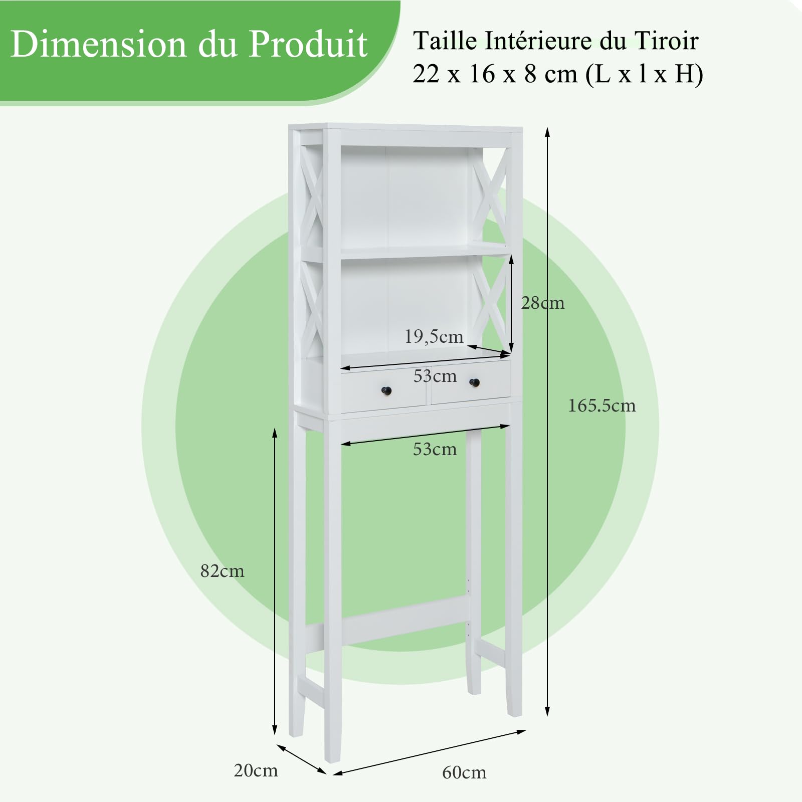 GIANTEX Étagère WC en Bois, Meuble de Rangement au Dessus des Toilettes ou Machine à Laver, Dispositif Anti-basculement, 2 Tiroirs et 2 Étagères, 60 x 20 x 165,5 cm, Blanc