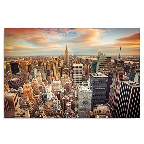 Feeby Frames, Cuadro en lienzo, Cuadro impresión, Cuadro decoración, Canvas 40x60 cm, NEW YORK, PUESTA DEL SOL, ANARANJADA, AZUL, BLANCO