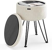 Vista 16 de STORAGEBUD Otomana redonda con almacenamiento, otomana de almacenamiento de bouclé, taburetes otomanos, taburete de tocador de maquillaje, pequeños
