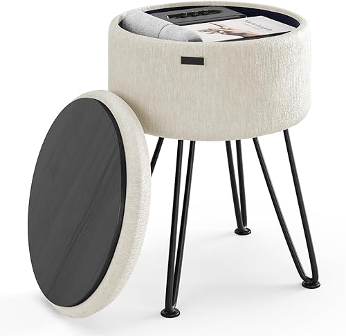 Miniatura 16 de STORAGEBUD Otomana redonda con almacenamiento, otomana de almacenamiento de terciopelo plisado, taburete de pie, taburete de maquillaje, otomanas