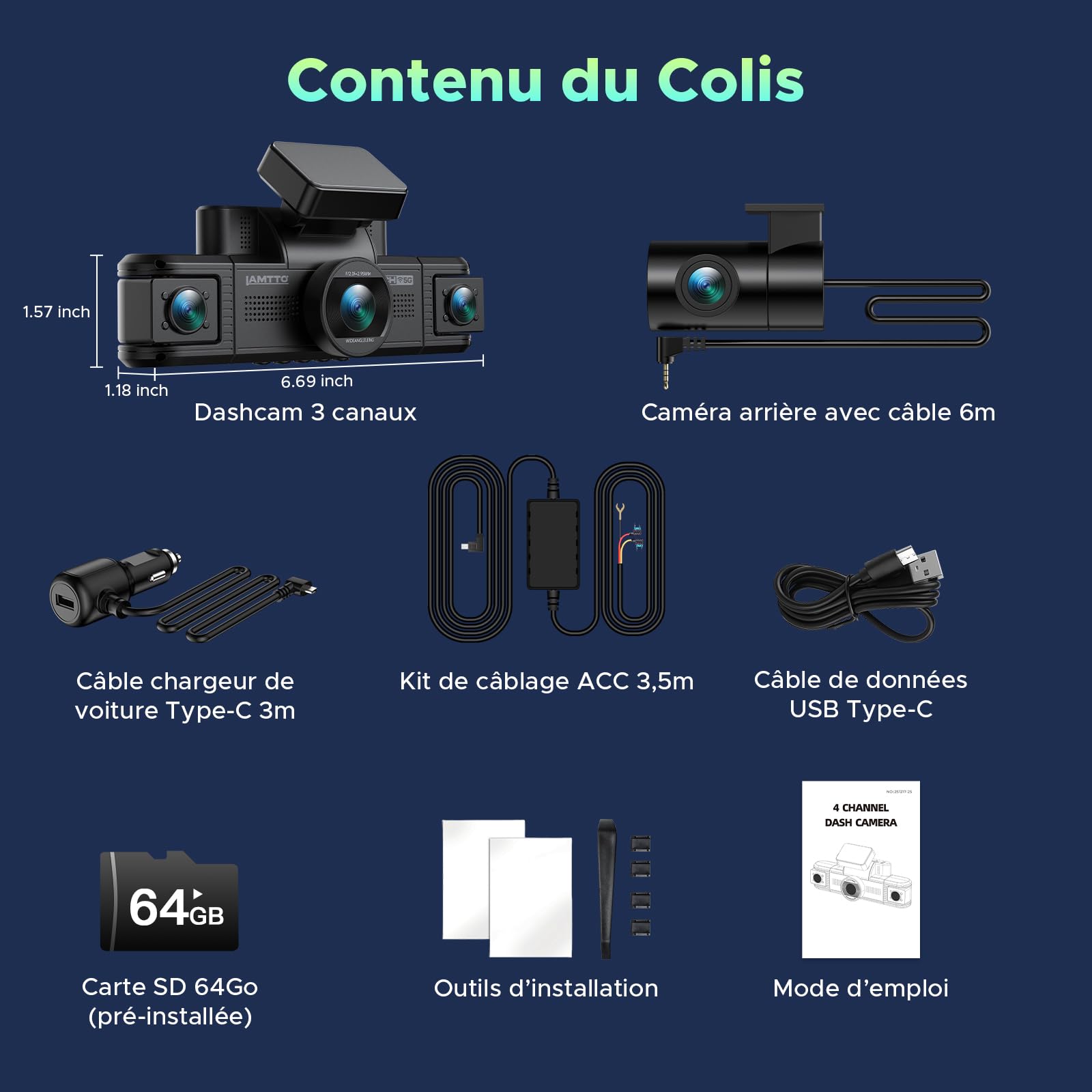 LAMTTO 4 Canaux Dashcam Voiture 360°, Caméra Voiture 2K Avant 1080P Arrière Côtés Intérieur, Wi-FI 5GHz, Capteur G Surveillance de Parking, Hardwire Kit - Idéal pour VTC, Taxi et Sécurité Routière