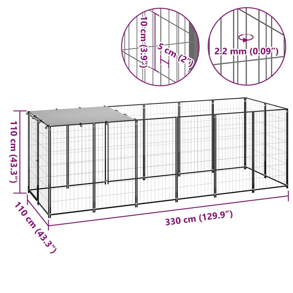 Perrera negra de acero con techo de polietileno resistente al agua, 330 x 110 x 110 cm, gran recinto para perros cachorro con puerta con cerradura y protección segura en el jardín al aire
