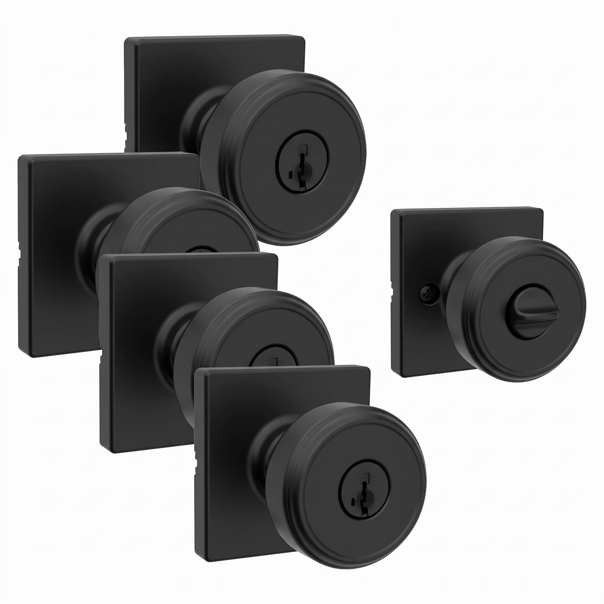 Kwikset Maven Entry Door Knob with Lock and Key, Secure Keyed Handle Exterior, Square Front Entrance and Bedroom, Matte Black, Pick Resistant SmartKey Rekey Security and Microban (Pack of 4)