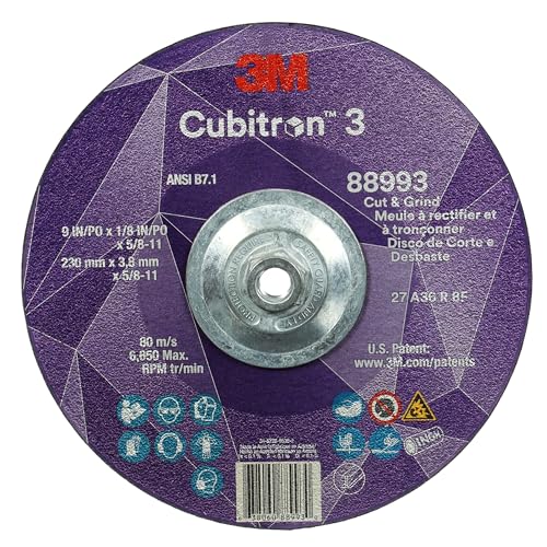 Image of 3M Cubitron 3 Cut and Grind Wheel, 88993, 36+, T27, 9 in x 1 /8 in x 5 /8 in-11, Pack of 10, ANSI, Longer Life, Faster Cut, Back-Gouging, Fillet Weld Removal, Cutting, Grinding