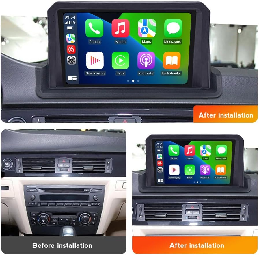Before and after installation comparison of the FELLOSTAR car radio in a BMW 3 Series dashboard