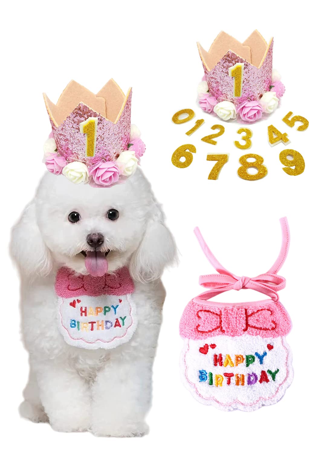 YFFSFDC 犬 猫 誕生日帽子 happy birthday バンダナ よだれかけ 数字付き 2点セット 蝶ネクタイ スタイ 猫 タオル かわいい唾液タオル 王冠 飾り付け 犬 誕生日グッズ 小型犬 調節可能 記念日 パーティー飾り(ピンク)