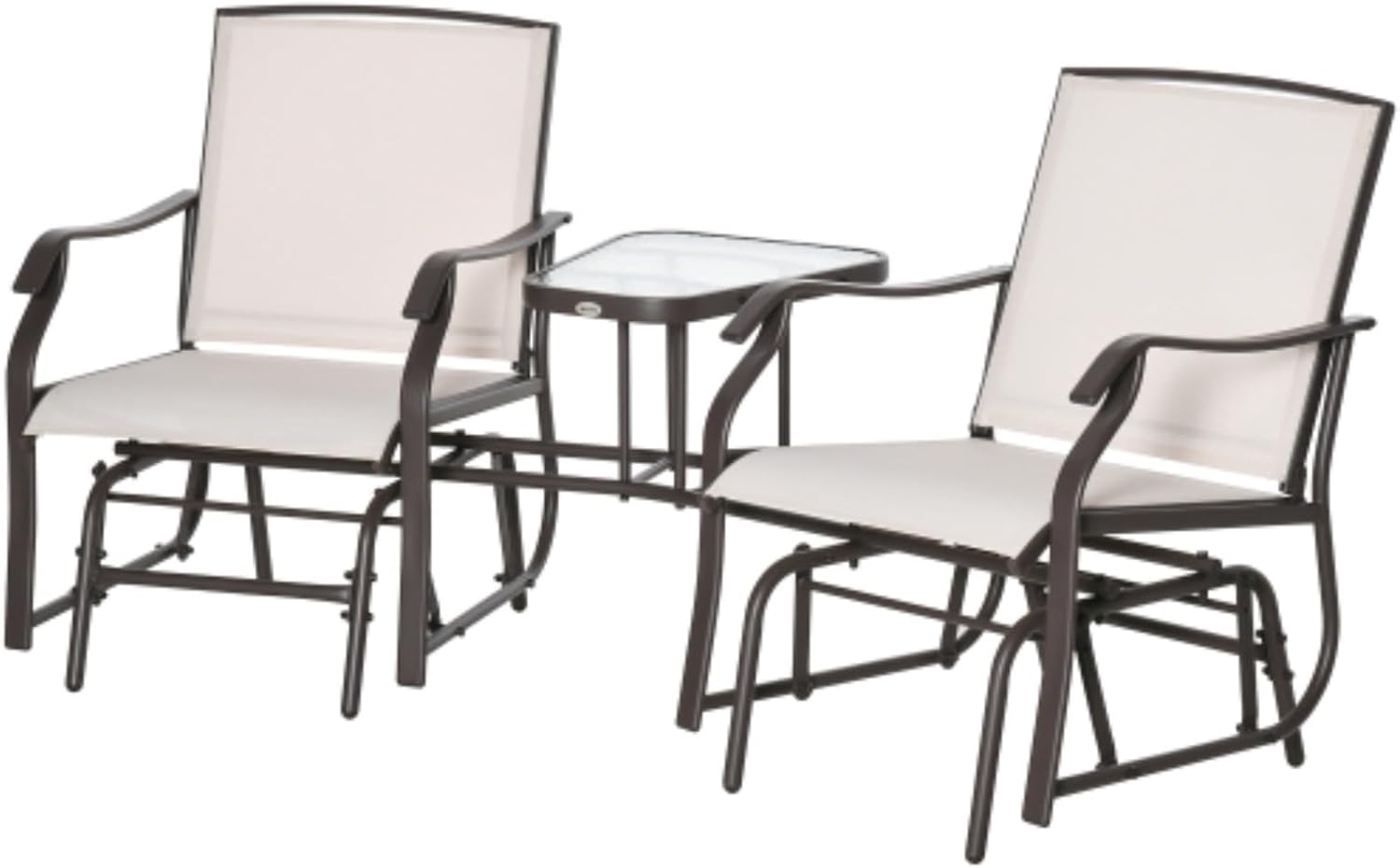 Outdoor Glider Chair with Coffee Table, Patio Double Rocking Chair, Patio Table and Chair Set, Swing Double Armchair with Breathable Sling, Suitable for Backyard, Garden and Porch, Beige