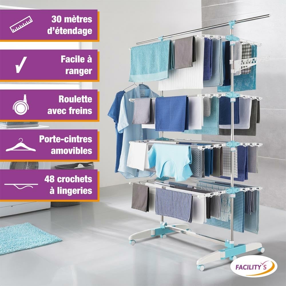 FACILITYS - Étendoir Linge Intérieur - Séchoir à Linge Pliable, 172 x 67 x 168 cm, Étendage 30 m - Pieds Rabattables à 6 roulettes - Étendoir à Linge en Acier Inoxydable - Format Familial