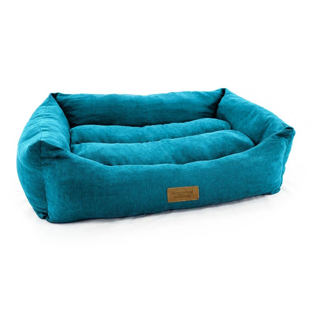 HugglePets Luxury Dog Lounger Bed | Teal | Soft Comfort Rectangular Pet Sofa | Premium Plush Machine Washable Cushion with Raised Sides for Comfort | for All Dog Breeds | Medium (70 x 60cm)