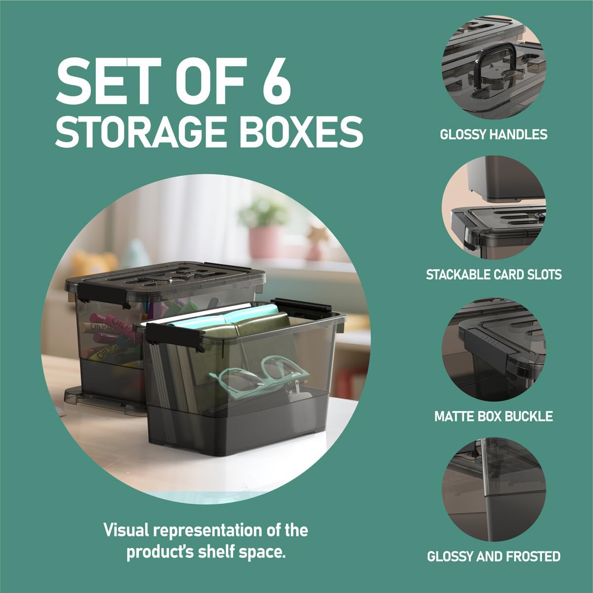 Clear Black Plastic Storage Bins with Lids/Handles, 6-Pack Stackable Storage Containers for Organizing, 7 Quart Latch Organizer Boxes